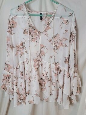 Divided White Pink Floral Ruffle Peasant Blouse Ruffle Romantic Sheer V Neck